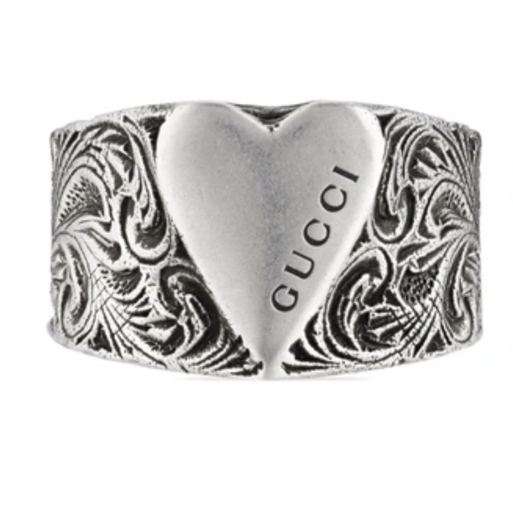 GUCCI Sterling Silver Heart Logo Ring and Band Engraving NEW